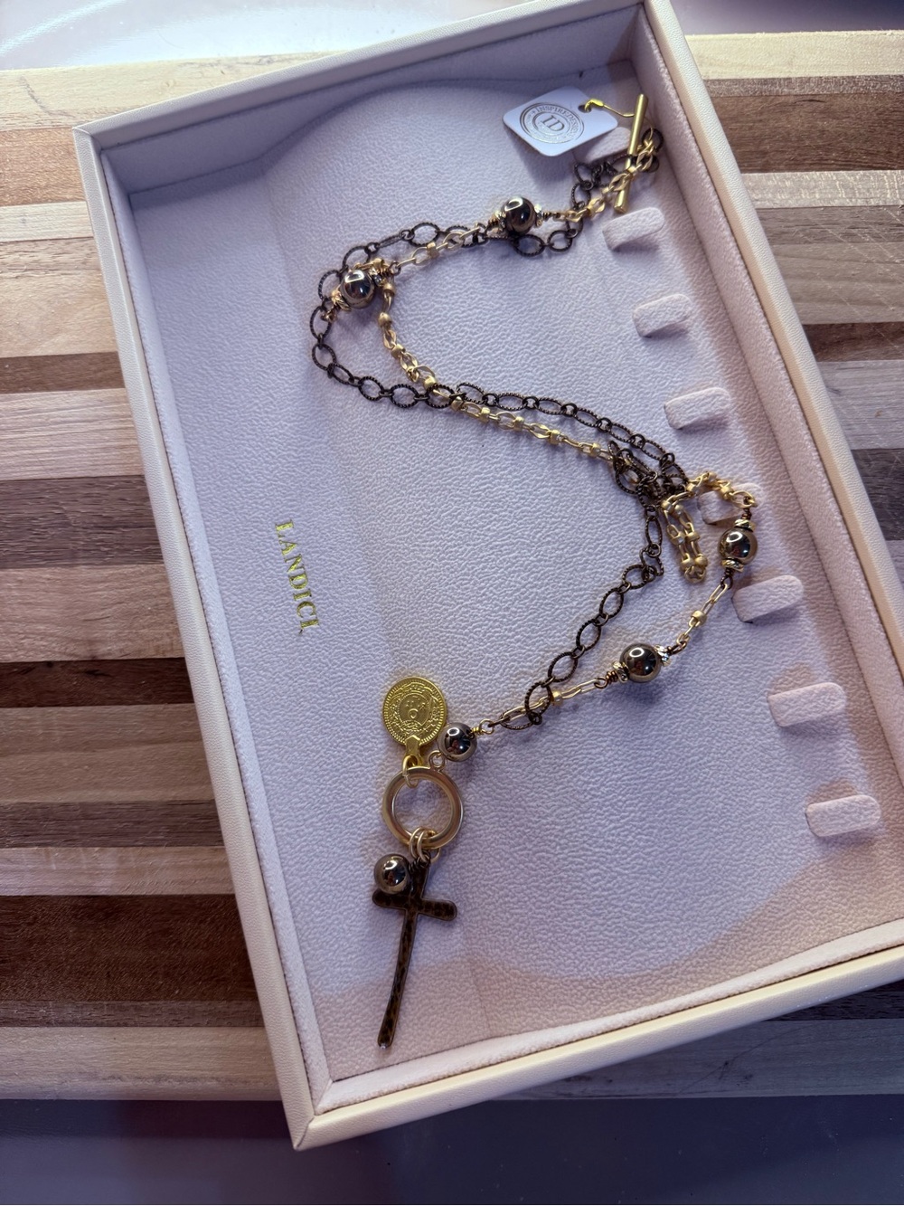 Layered Gold and Gunmetal Chain Necklace with Cross Charm